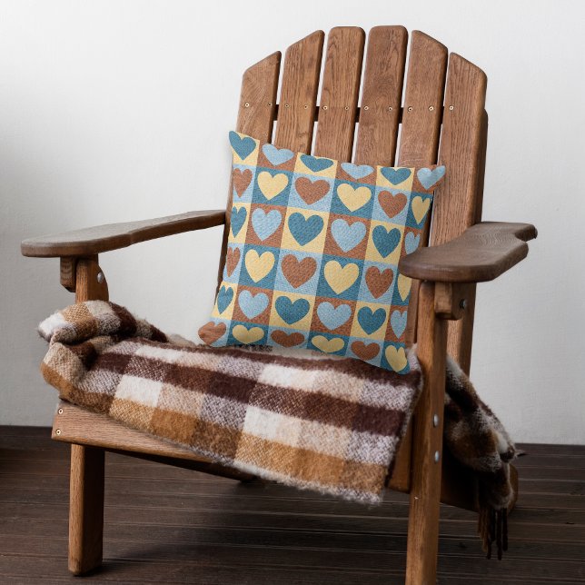 Blue Yellow Hearts Rustic Pattern Throw Pillow (Creator Uploaded)