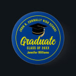 Blue Yellow High School Graduate Custom Name Tag 2 Inch Round Button<br><div class="desc">This modern blue and yellow custom senior graduate button features classic typography of your high school or college name for the class of 2025. Customize with your graduating year under the chic handwritten script and black grad cap for a great personalized graduation name tag for a party or alumni homecoming...</div>