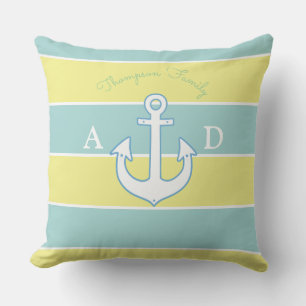 blue & yellow large stripes nautical & monogrammed throw pillow