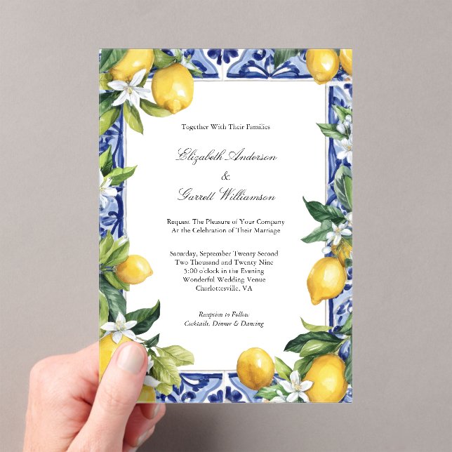 Blue Yellow Lemon Mediterranean Tile Wedding Acrylic Invitations (Insitu (Handheld))