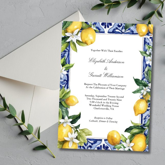 Blue Yellow Lemon Mediterranean Tile Wedding Invitation (Blue Yellow Lemons Mediterranean Tile Italian Wedding Theme Invitation. Printed or Digital Download)