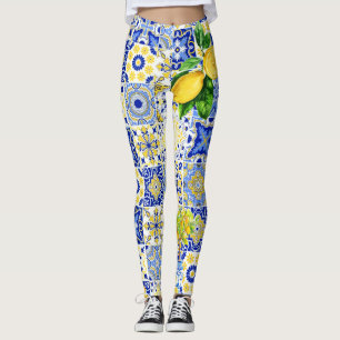 Blue & Yellow Lemon Tile Dolce Pattern Leggings