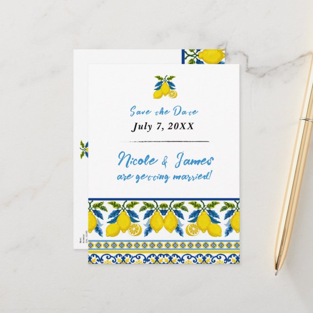 Blue Yellow Lemon Watercolor Mediterranean Wedding Announcement Postcard (Front/Back In Situ)