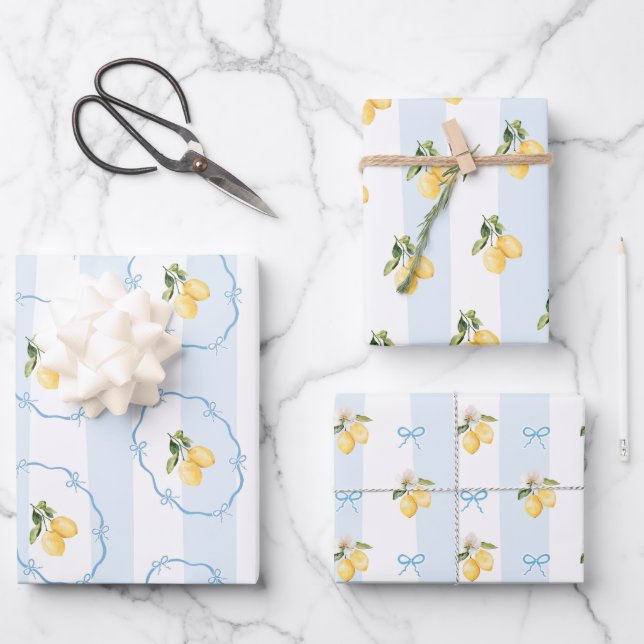 Blue Yellow Lemon Wrapping Paper Sheet Set of 3 (Front)