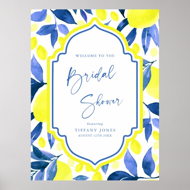 Blue Yellow Lemons Bridal Shower Welcome Sign (Front)