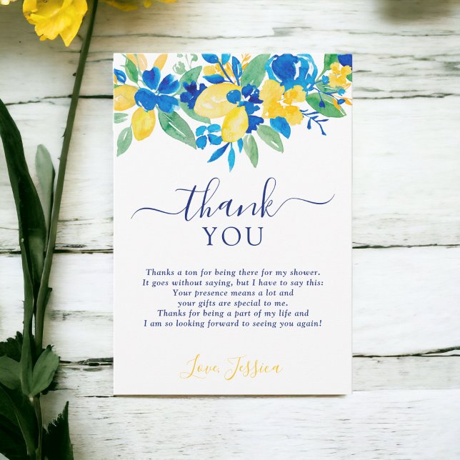 Blue yellow lemons floral  bridal shower thank you invitation (Blue yellow lemons floral watercolor bridal shower thank you card)