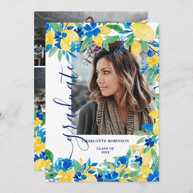 Blue yellow lemons floral script photo graduation invitation (Front/Back)