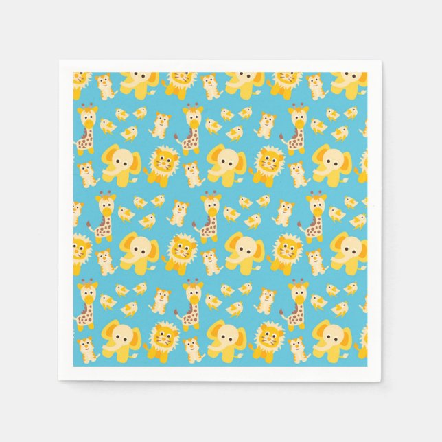 Blue Yellow Lions Elephants Safari animals Napkin (Front)