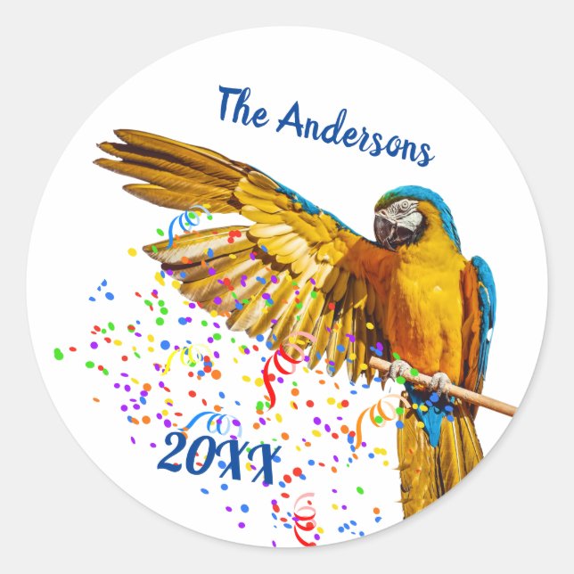 Blue & Yellow Macaw Throws Confetti   Classic Round Sticker (Front)
