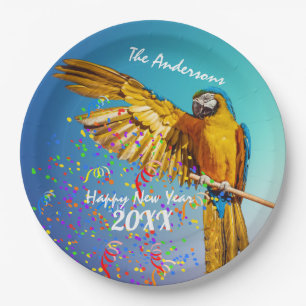 Blue & Yellow Macaw Throws Confetti  Paper Plate