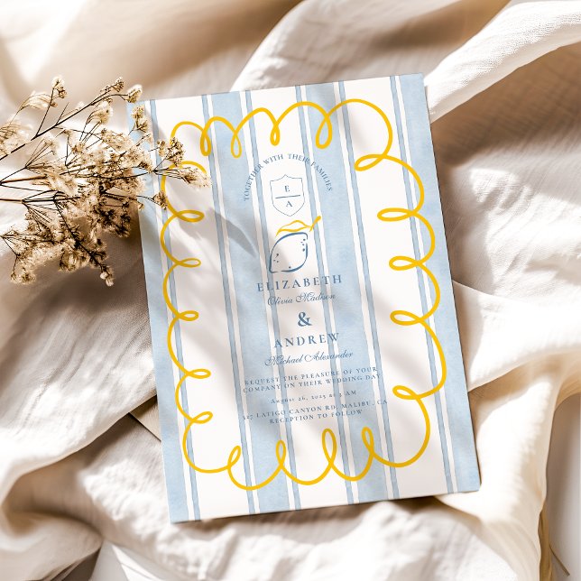 Blue Yellow Mediterranean Lemon Wedding with Strip Invitation (Creator Uploaded)