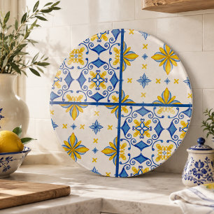 Blue Yellow Mediterranean Tile Kitchen Cutting Board