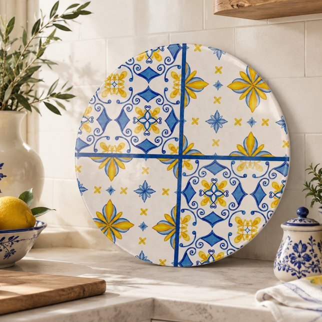 Blue Yellow Mediterranean Tile Kitchen Cutting Board (Creator Uploaded)
