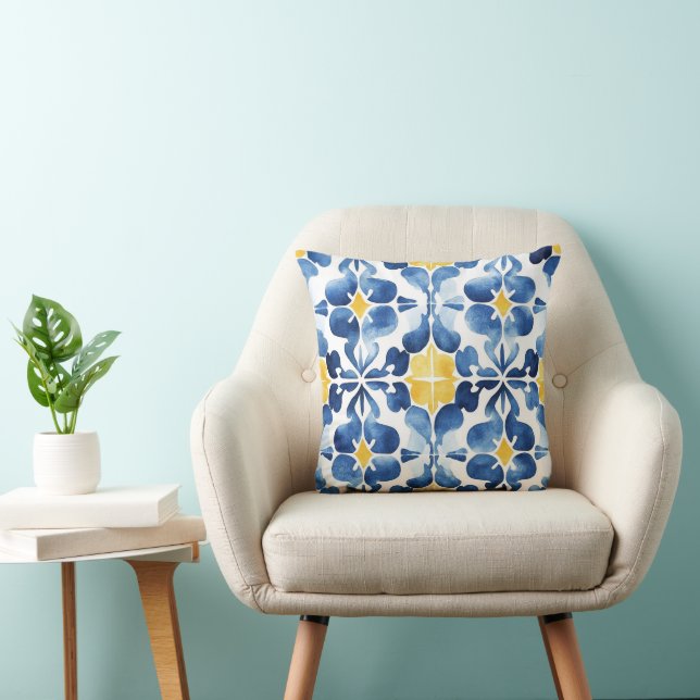 Blue & Yellow Mediterranean Tile – Modern Coastal  Throw Pillow (Chair)
