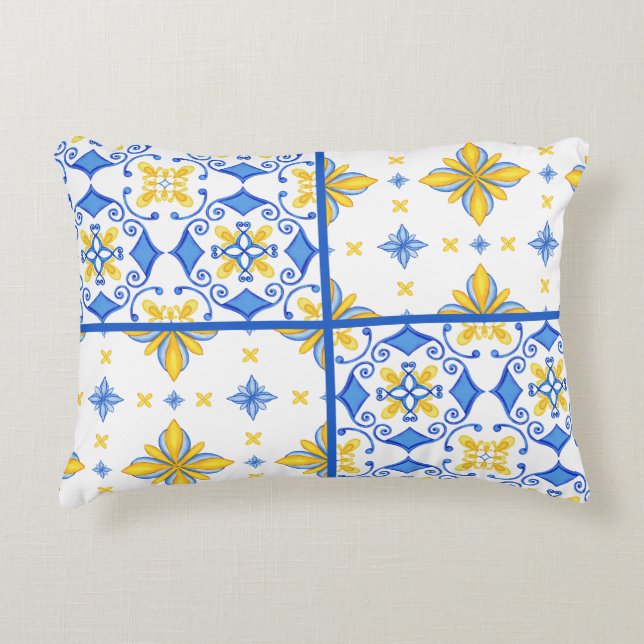 Blue Yellow Mediterranean Tile Patchwork  Accent Pillow (Front)