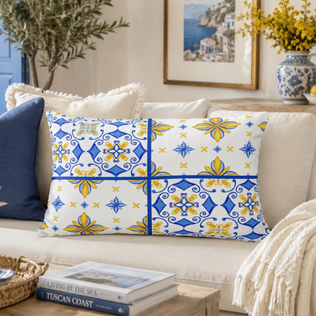 Blue Yellow Mediterranean Tile Patchwork  Accent Pillow (Creator Uploaded)