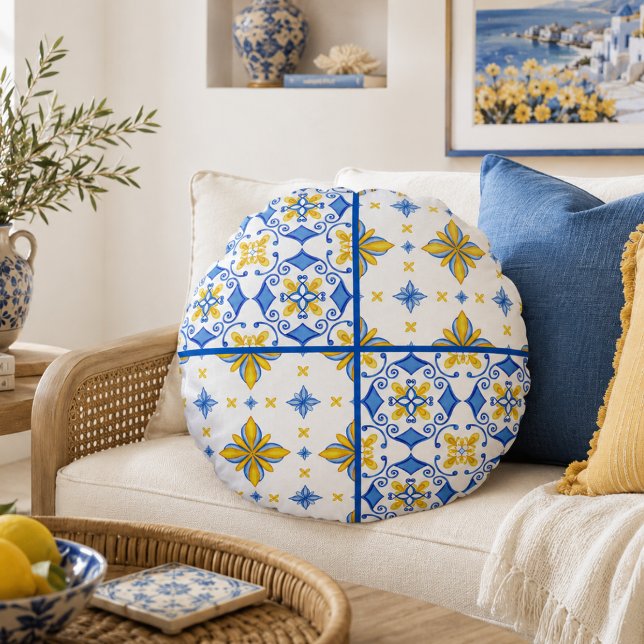 Blue Yellow Mediterranean Tile Patchwork  Round Pillow (Creator Uploaded)