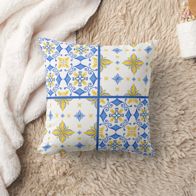 Blue Yellow Mediterranean Tile Patchwork  Throw Pillow (Blanket)
