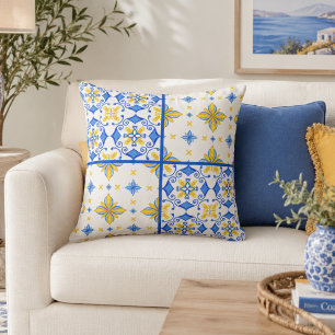 Blue Yellow Mediterranean Tile Patchwork  Throw Pillow
