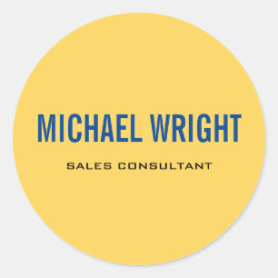 Blue Yellow Modern Plain Simple Minimalist Name Classic Round Sticker