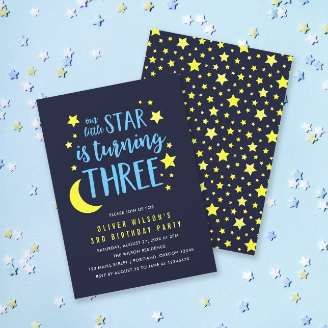 Blue Yellow Moon and Stars 3rd Birthday Invitation (Creator Uploaded)