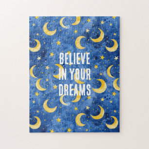 Blue Yellow Moons Stars Night Sky Jigsaw Puzzle