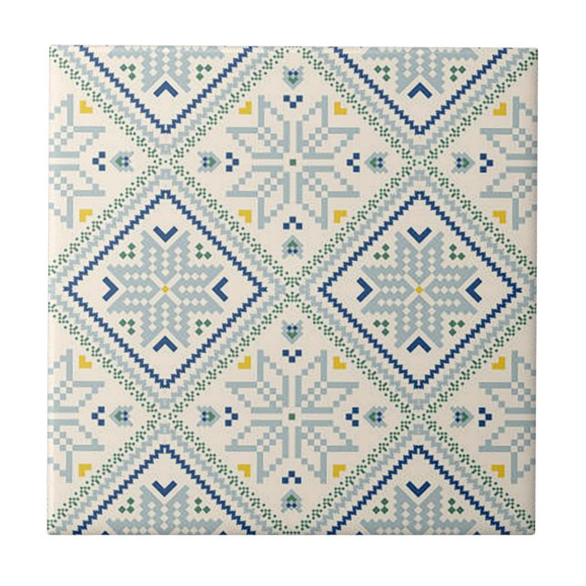 Blue & Yellow Mosaic Diamond Print Ceramic Tile (Front)