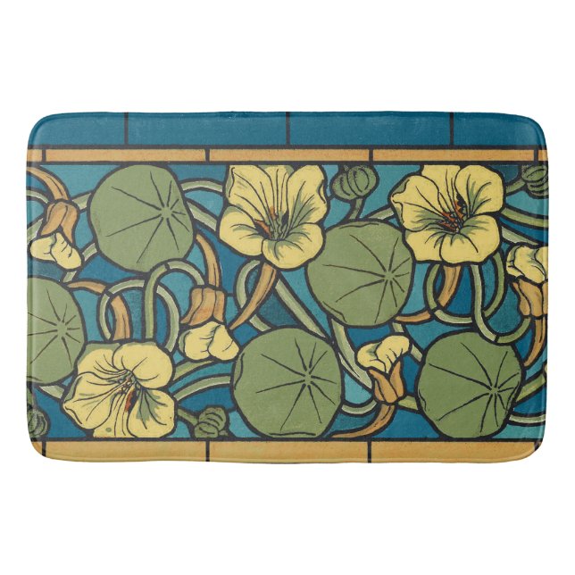 Blue Yellow Nasturtium Flower Nouveau Pattern Bath Mat (Front)