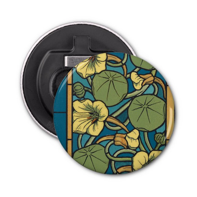 Blue Yellow Nasturtium Flower Nouveau Pattern Bottle Opener (Front)