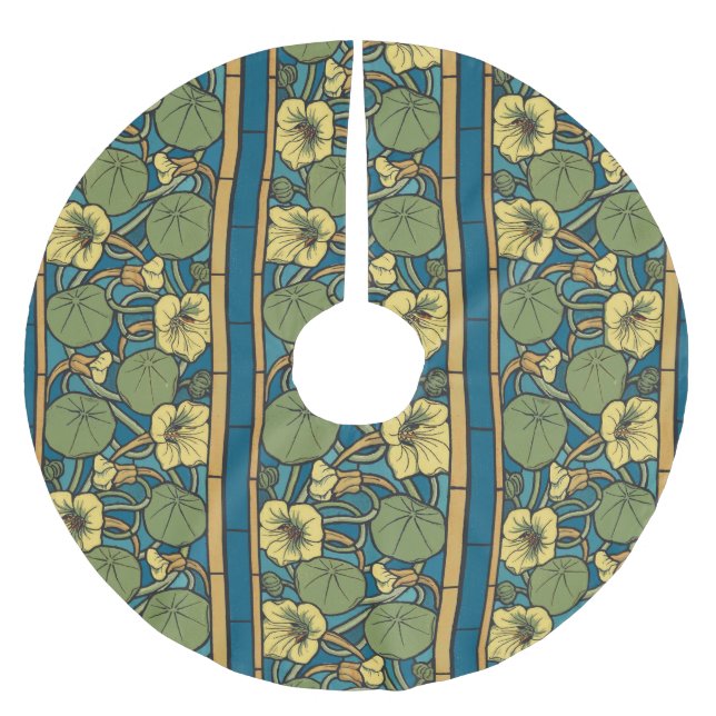 Blue Yellow Nasturtium Flower Nouveau Pattern Brushed Polyester Tree Skirt (Front)