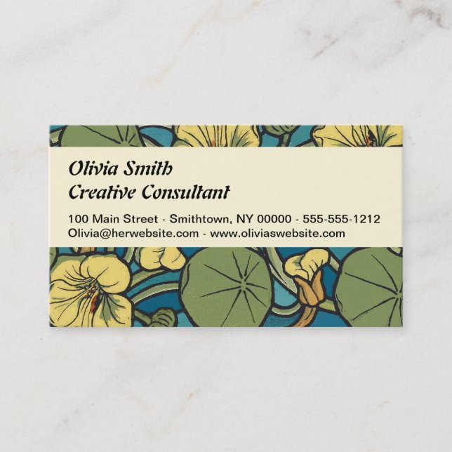 Blue Yellow Nasturtium Flower Nouveau Pattern Business Card (Front)