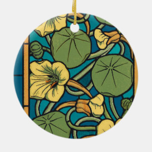 Blue Yellow Nasturtium Flower Nouveau Pattern Ceramic Ornament