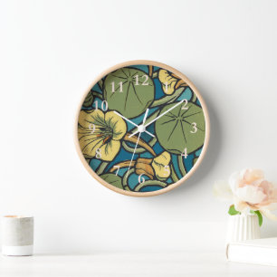 Blue Yellow Nasturtium Flower Nouveau Pattern Clock