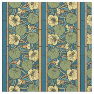 Blue Yellow Nasturtium Flower Nouveau Pattern Fabric