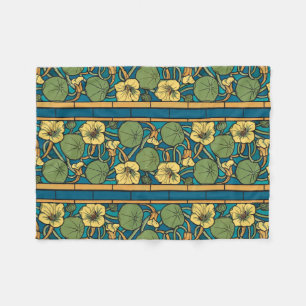 Blue Yellow Nasturtium Flower Nouveau Pattern Fleece Blanket