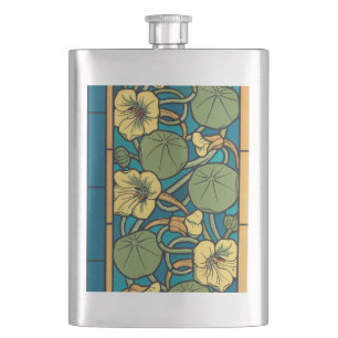 Blue Yellow Nasturtium Flower Nouveau Pattern Hip Flask