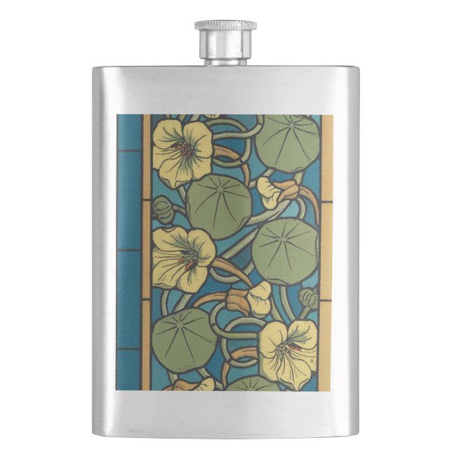 Blue Yellow Nasturtium Flower Nouveau Pattern Hip Flask (Front)