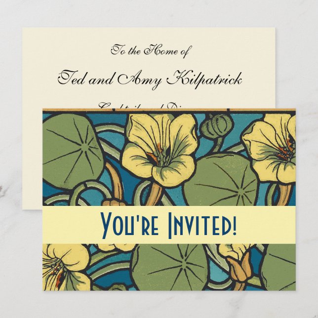 Blue Yellow Nasturtium Flower Nouveau Pattern Invitation (Front/Back)