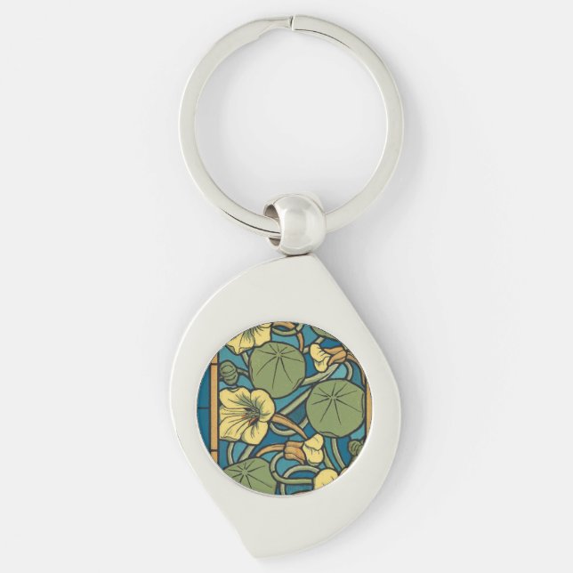 Blue Yellow Nasturtium Flower Nouveau Pattern Keychain (Front)