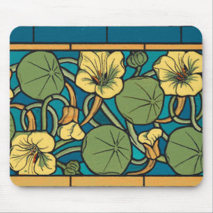 Blue Yellow Nasturtium Flower Nouveau Pattern Mouse Pad