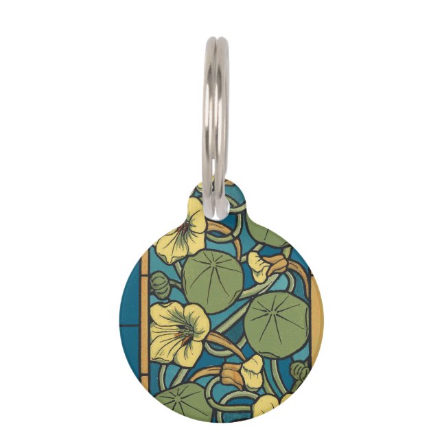 Blue Yellow Nasturtium Flower Nouveau Pattern Pet Tag (Front)