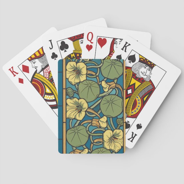 Blue Yellow Nasturtium Flower Nouveau Pattern Playing Cards (Back)