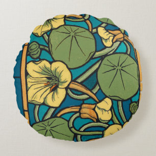 Blue Yellow Nasturtium Flower Nouveau Pattern Round Pillow