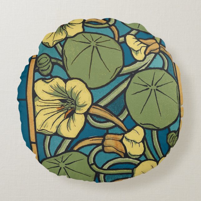 Blue Yellow Nasturtium Flower Nouveau Pattern Round Pillow (Front)