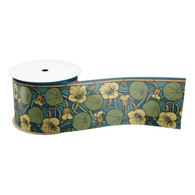 Blue Yellow Nasturtium Flower Nouveau Pattern Satin Ribbon (Spool)