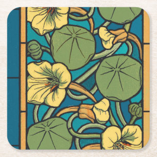 Blue Yellow Nasturtium Flower Nouveau Pattern Square Paper Coaster