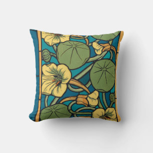Blue Yellow Nasturtium Flower Nouveau Pattern Throw Pillow