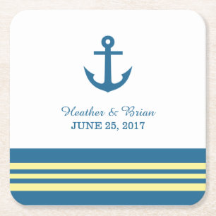 Blue Yellow Nautical Anchor Wedding Paper Coasters