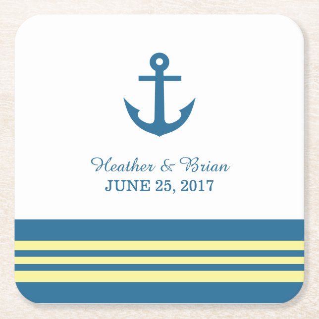 Blue Yellow Nautical Anchor Wedding Paper Coasters (Front)