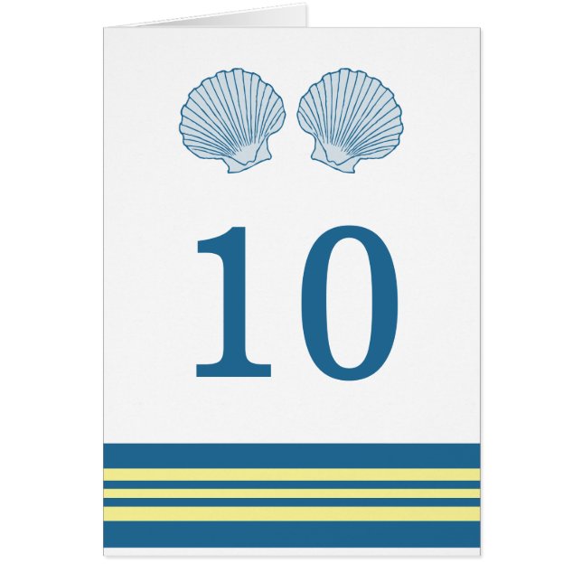 Blue Yellow Nautical Seashells Table Number Card (Front)
